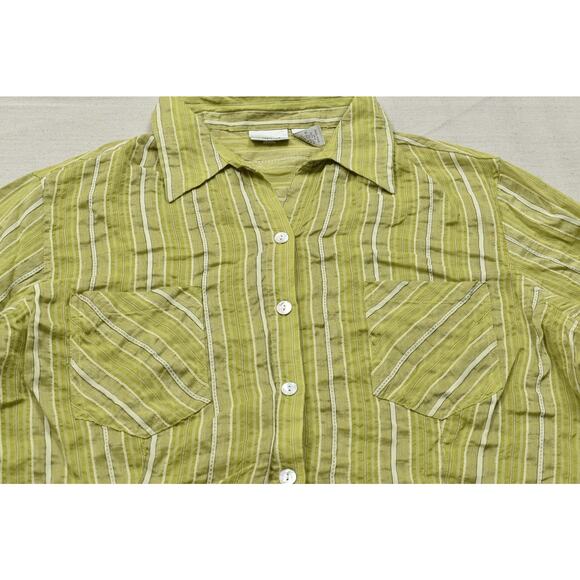 Chico's Women's Size 2 Green Striped Silk Cotton Blend Button Down - Picture 6 of 8